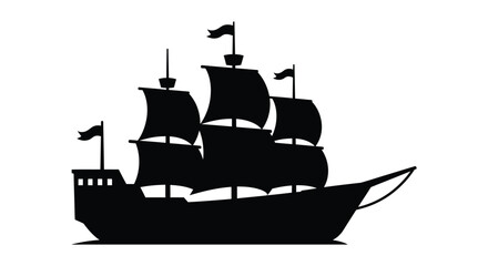 Silhouette of a historic sailing ship with multiple masts and flags © MdRabby