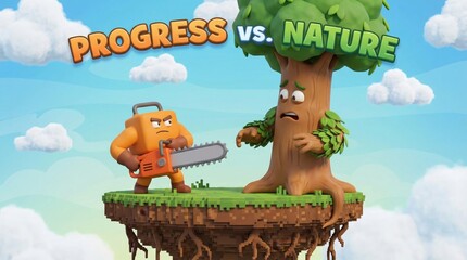 Obraz premium Cartoon lumberjack character holding a chainsaw preparing to chop down a scared tree, illustrating the conflict between industrial progress and environmental conservation