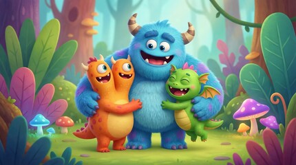Naklejka premium Fluffy blue monster hugging an orange two-headed creature and a green dragon-like friend in a vibrant enchanted forest, celebrating friendship, joy and playful togetherness