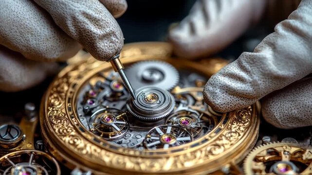 Close-up of a watchmaker meticulously repairing a vintage timepiece with intricate gears and jewels