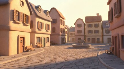 Fototapeta premium Charming clay-style 3d animation of a quiet european village square at sunset, historic buildings and cobblestone streets surrounding a central fountain in warm light