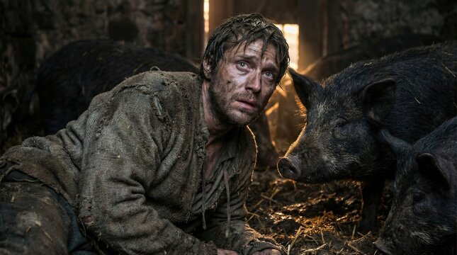 Biblical Prodigal Son Covered in Dirt Sitting in Pig Pen with Swine, Wearing Rags, Symbol of Poverty, Regret