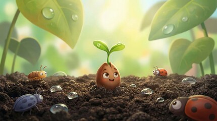 Happy little seed beginning to sprout in rich soil, surrounded by cute insects and glistening water drops, symbolizing new life, growth, and the beauty of nature's development
