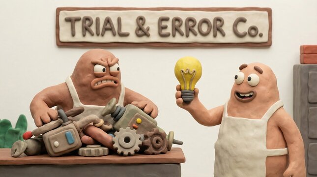 Clay character celebrating a successful lightbulb invention while another clay character sits frustrated among discarded failed parts at the trial & error co. Workshop