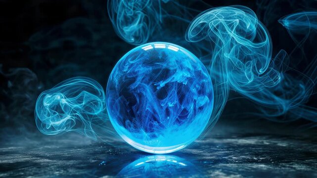 Mystical blue orb illuminated by ethereal swirling smoke in mesmerizing sequence