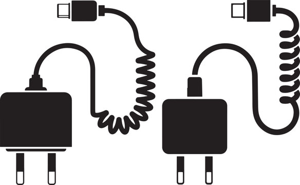 Black icons of two USB chargers with coiled and straight cables, for charging mobile devices.