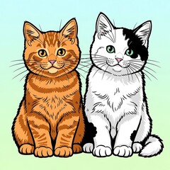 Fototapeta premium Two friendly cats sitting side by side in a cheerful illustration.