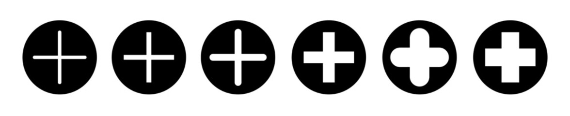 Obraz premium Zoom in icon progression with bold black circular shapes and plus symbols, clean vector illustration showing scale increase steps for UI controls and modern digital interfaces.
