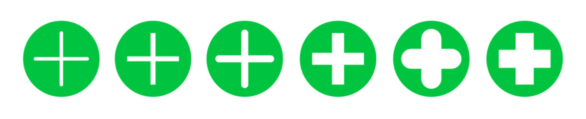 Zoom in icon sequence with green circular buttons and plus symbols, clean vector illustration showing scale growth, UI controls, and positive interaction for digital interfaces.