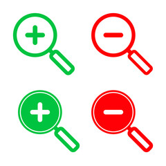 Zoom in and zoom out magnifier illustration with plus and minus symbols, clean vector style, showing search control, scale change, and UI interaction for digital interfaces.