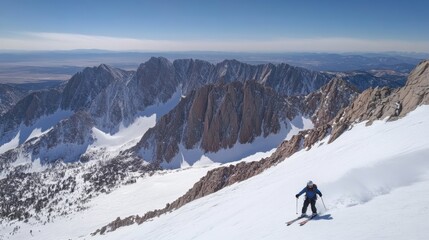 Solo skier carves down a vast snow-covered mountain slope