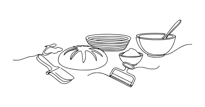 Sourdough Bread Making Tools Vector Illustration: Continuous One Line Art Drawing of Bakery Equipment; Minimalist Hand-Drawn Boule, Banneton, Lame, and Bench Scraper Graphic for Artisan Baking Flour
