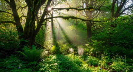 Fototapeta premium Sunlight streams through a lush green forest canopy illuminating ferns and mossy trees