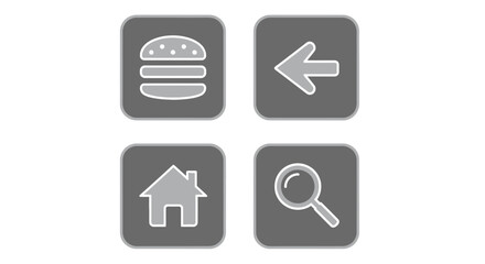 A collection of essential user interface icons featuring a hamburger menu, back arrow, home button, and search magnifying glass, perfect for modern web and mobile applications.