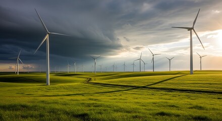 Fototapeta premium A field of wind turbines stretches towards a dramatic cloudy sky at sunset