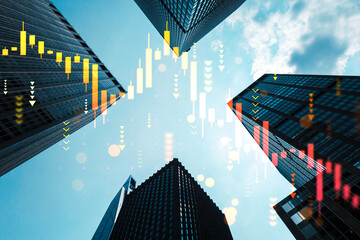 Fototapeta na wymiar Skyscrapers with falling financial chart overlay depicting market decline in urban skyline under bright daylight perspective.