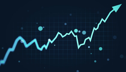 Naklejka na ściany i meble Upward growth arrow on digital grid background showing business increase in modern abstract tech style for contemporary corporate.. 3D Rendering
