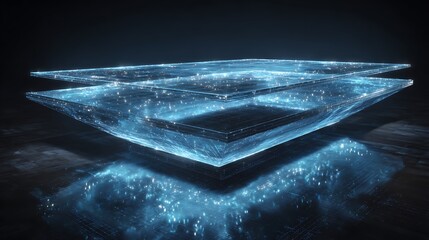 Glowing blue digital platform with light reflections high resolution photo