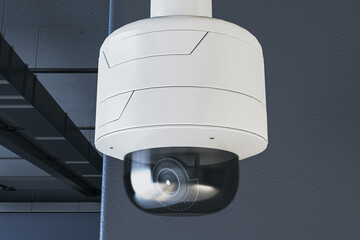 Close-up of advanced modern ceiling security camera mounted in a high-tech industrial interior environment surveillance unit."" 3D Rendering