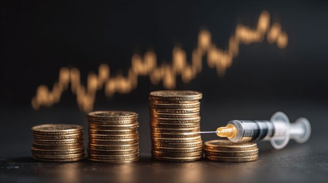 Rising Inflation Concept with Coin Stacks and Syringe Injection Symbol