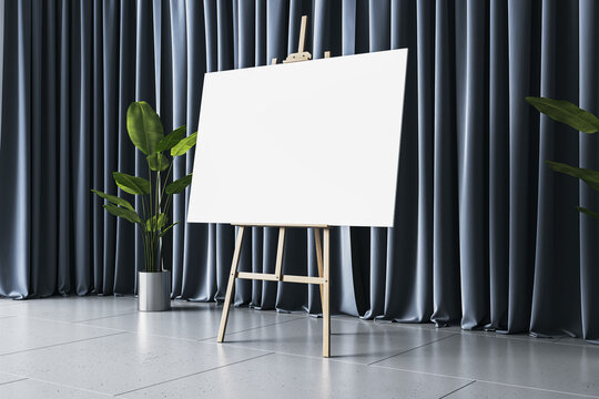Blank canvas on wooden easel in modern interior with draped curtains, tiled floor and green plants and decorative elements. 3D Rendering