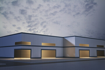 Obraz premium Modern industrial building exterior at dusk with illuminated windows against cloudy sky nighttime scene background.. 