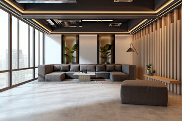 Modern lounge interior featuring a large sectional sofa in a spacious contemporary room with panoramic windows and warm ambient lighting." 3D Rendering