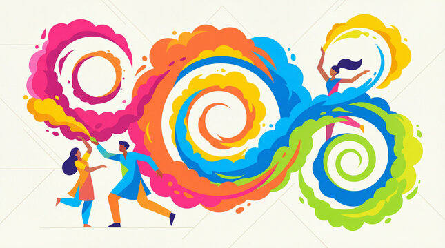 Holi festival background. Bright, abstract illustration of people dancing in colorful circular shapes, evoking joy, celebration, community. Energetic, festive design ideal for party, event positive 