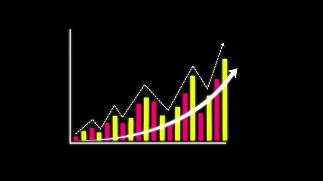 Financial Growth Bar Chart Animation with Upward Trend Arrow, Business Investment Profit Increase Graph brack Background.
