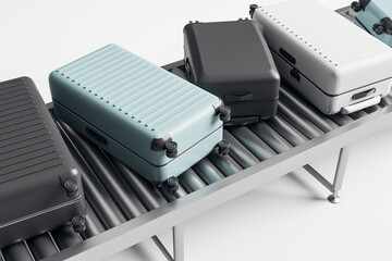 Modern luggage and suitcases moving on a conveyor belt in a light contemporary background with clean design and empty baggage focus."" 3D Rendering