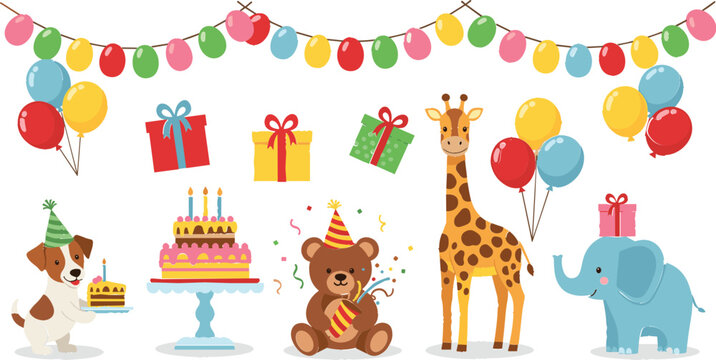 Cute animal birthday party vector set with giraffe elephant bear dog cake balloons and gifts for kids celebration design