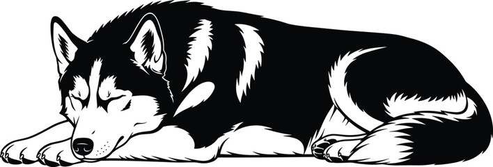 Sleeping husky dog silhouette illustration, cute black and white Siberian puppy resting, pet animal vector isolated background © E-Designs