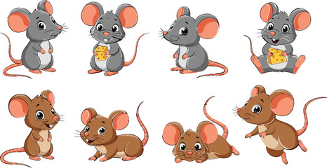 Collection of cute cartoon mouse characters in various poses eating cheese standing and sitting for children illustration design © Hossain