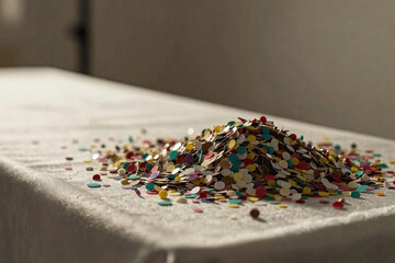 Fototapeta premium Colorful confetti for celebratory events - Wedding table adornments, Party time festive sprinkles on fabric background.
