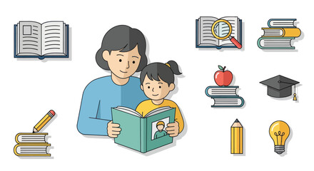 Mother Reading Book to Child, Education Icons, Learning Concept © Rizal