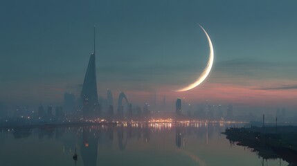 Fototapeta premium Eid moonrise over futuristic skyline