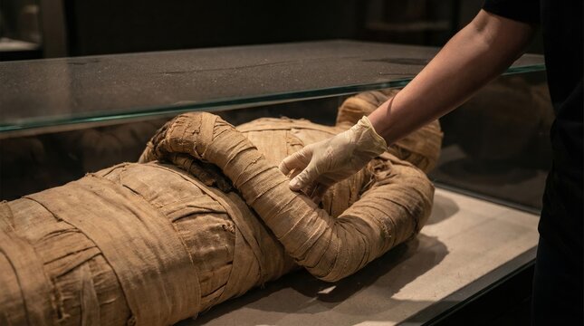 Conservator carefully handling an ancient egyptian mummy wrapped in linen bandages, studying its preservation during an archaeological investigation inside a museum exhibit