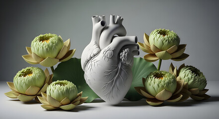 Naklejka premium White anatomical heart sculpture surrounded by green lotus flowers