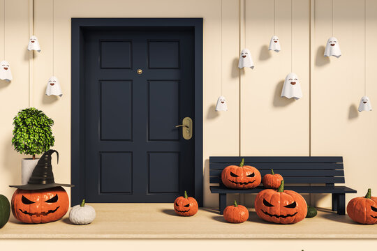 Halloween front porch with carved pumpkins, hanging ghost decorations, dark door and bench in festive hellowen atmosphere.. 3D Rendering