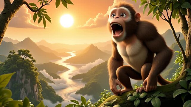 Animated monkey character howling on tree branch at sunset in foggy mountain valley motion graphics