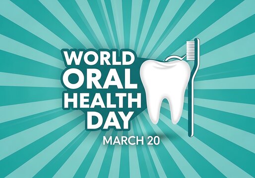 Vibrant dental health awareness illustration featuring a prominent tooth and toothbrush on a radiating teal background, symbolizing good oral hygiene and care