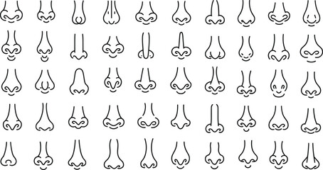Nose line art icon set with multiple human nose shapes, minimal black outline facial feature collection for character design, medical infographic, isolated.