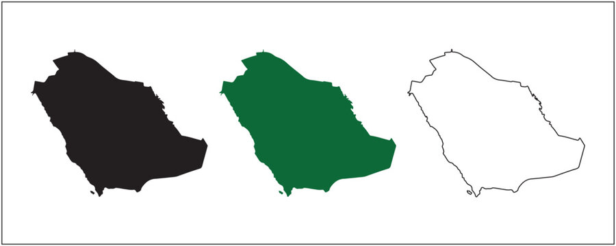 Saudi Arabia Map Silhouette Solid Black Outline and Satellite Style Vector Isolated on White Background