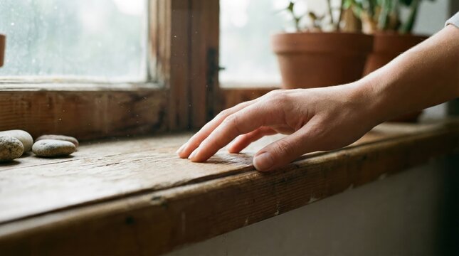 Human hand gently feeling the rustic texture of a worn wooden windowsill bathed in soft natural light, creating a serene and contemplative indoor moment