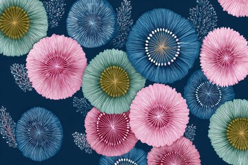 A blue background with pink and green flowers