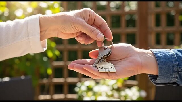 Person handing house keys with keychain to another hand outdoors