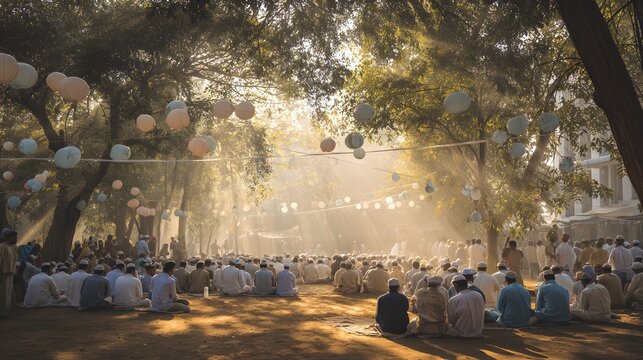 Peaceful Eid ul Fitr gathering under sunlight