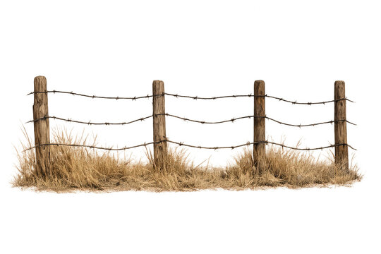Barbed wire fence marking a boundary, country ranch barrier with wooden posts and dry grass on transparent background