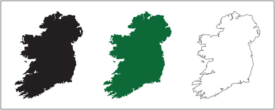 Ireland Map Vector Silhouette Black Outline and Satellite Style Isolated on White Background