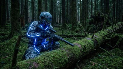 Obraz premium Future soldier in advanced tactical gear and glowing suit holding an assault rifle, crouching behind a moss-covered fallen tree while patrolling a dark, dense forest environment